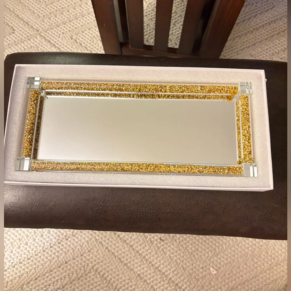 NWT Crystal Glass Tray, Mirror Vanity Tray, Golden Decor Tray Size 34cm X 14 cm - Picture 11 of 16